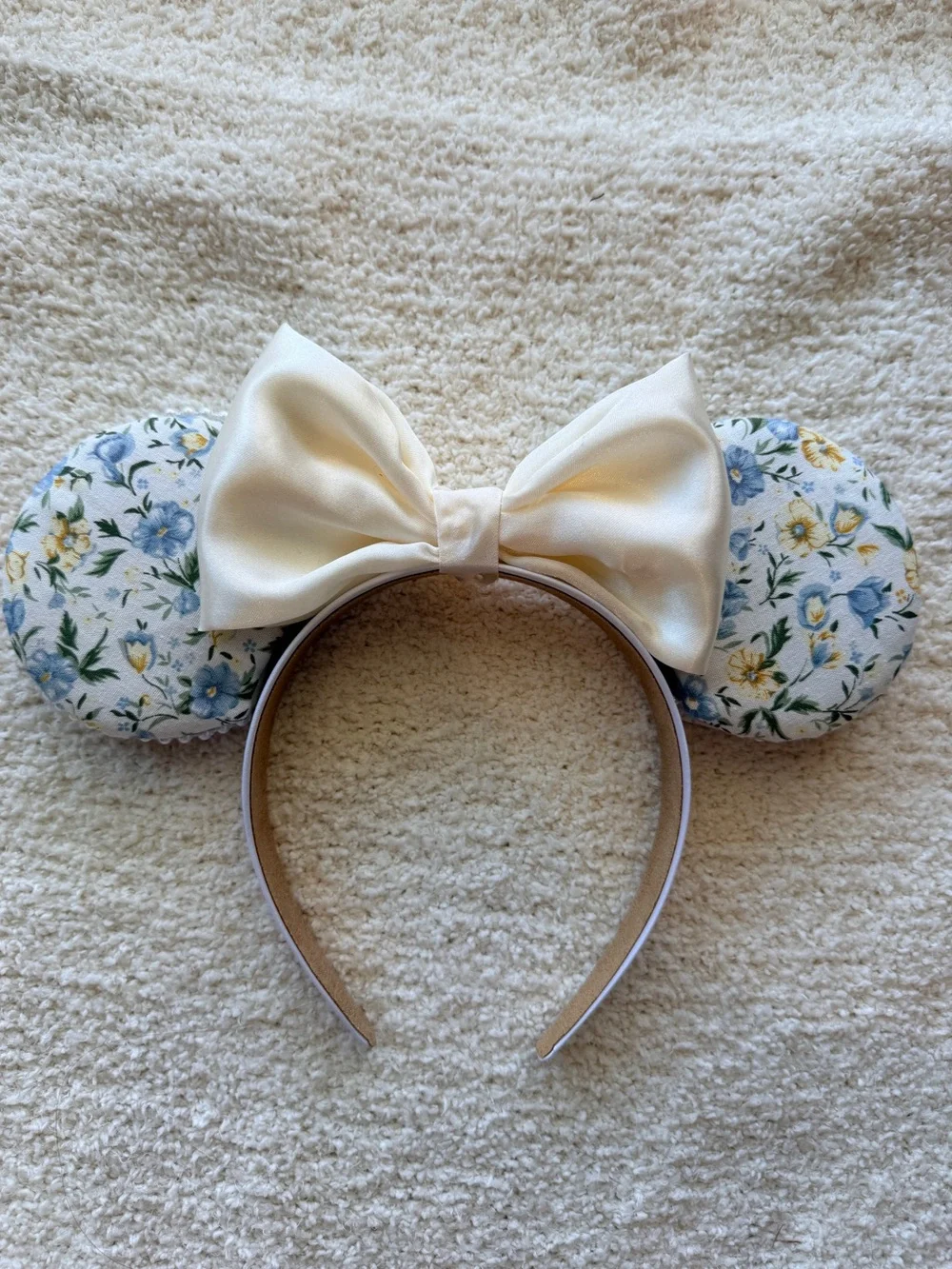 Floral Blue and Yellow Minnie Mouse ears Cream Bow Ear Headband